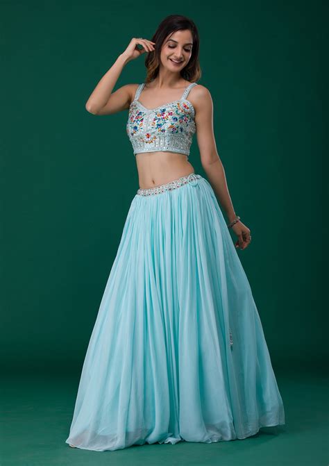 Buy Sky Blue Mirrorwork Georgette Readymade Lehenga - Koskii
