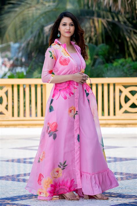 Pink Floral Party Wear Maxi Dress With Shrugs- Adiba Fashion ...