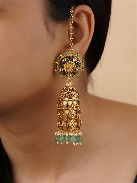 Green Color Gold Plated Jadau Kundan Earrings - ME1226YGR – Mortantra