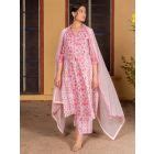 White Pink Embroidered Cotton Suit - Set of 3