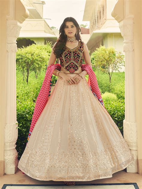 Odette Women Beige Semi Stitched Lehenga With Unstitched Blouse