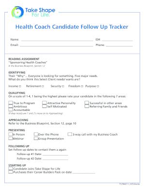Fillable Online Health Coach Candidate Follow Up Tracker Fax Email ...