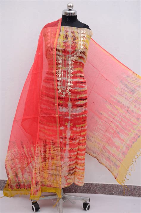 Pure Cotton Kota Doriya Tye and Dye Hand Gotta Patti Work Unstitched S ...