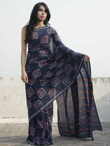 Indigo Rust Black Ivory Hand Block Printed Cotton Saree - S031702299 ...