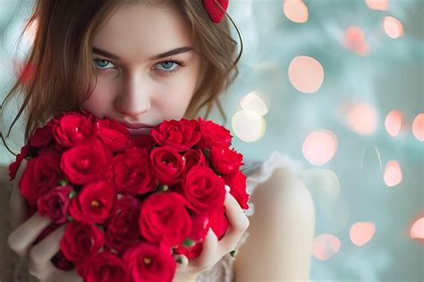 A girl and her royal red heart bouquet | Premium AI-generated image