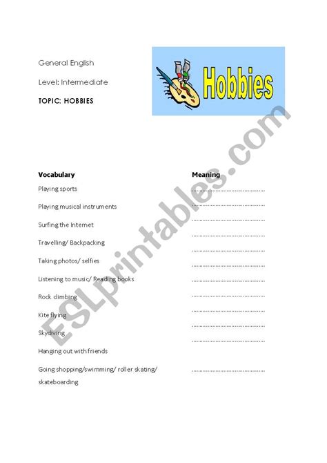 Hobbies Worksheet 的图像结果