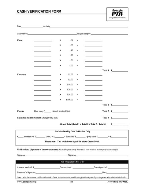 GA PTA Cash Verification Form - Blank Fillable Template | Fill Out ...