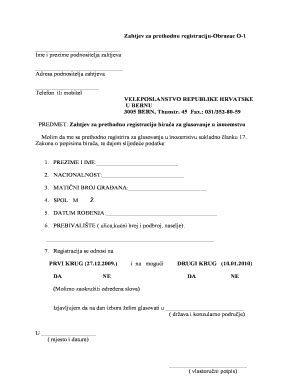 Zahtjev Za Prethodnu Registraciju-Obrazac O-1 - Croatiach - Fill and ...