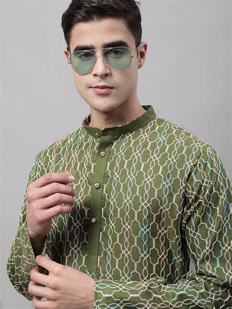 Men's Olive Green and Multi Coloured Embroidered Straight Kurtas – Jompers