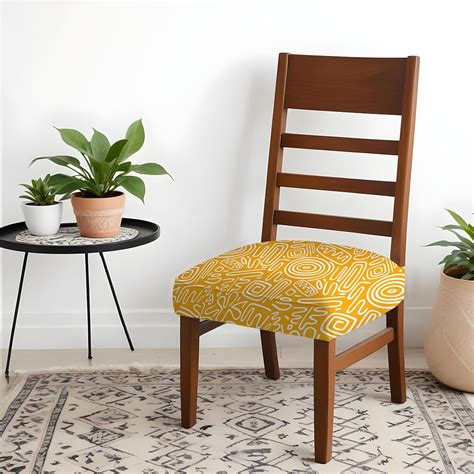 HOTKEI Pack of 6 Yellow Abstract Printed Dining Chair Seat Cover 200GSM ...