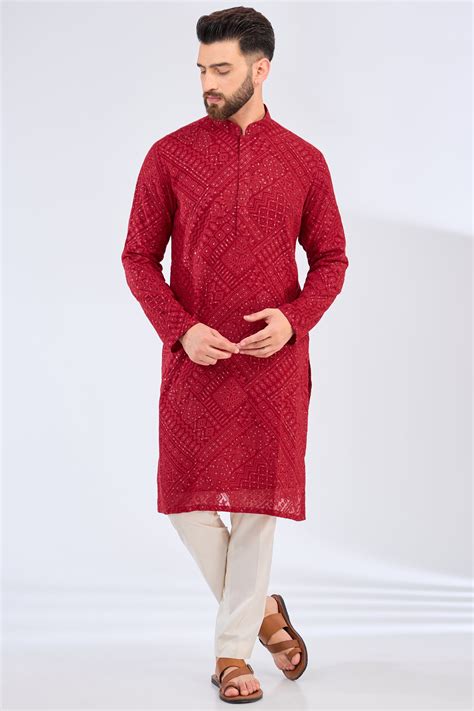 red chinkari kurta with tone to tone thread work and sequins work
