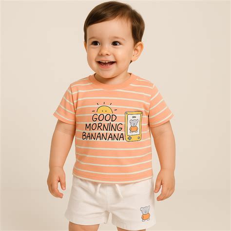 Smile Baby Boys Striped T-Shirt and Shorts Set | Blue & Peach | 0–24 M ...