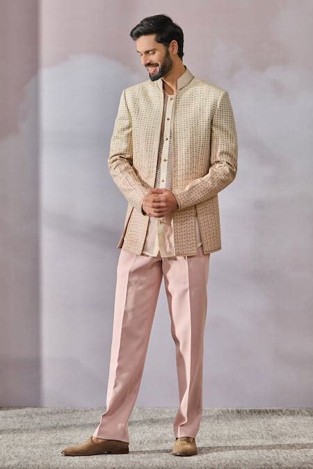 Buy Beige Georgette Embroidered Thread Work Ombre Bandhgala And Trouser ...