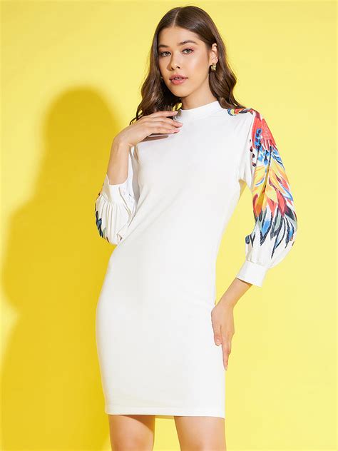 StyleStone Women's White Bodycon Dress with Multi Coloured Printed Sle ...
