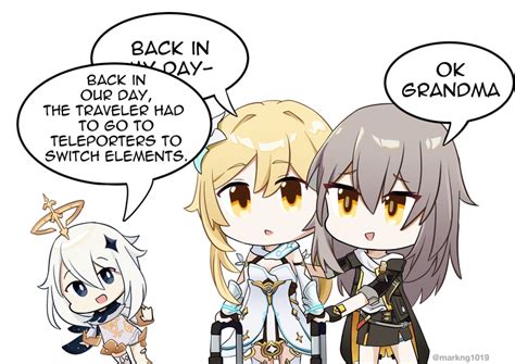 lumine, paimon, trailblazer, and stelle (genshin impact and 3 more ...