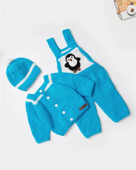 The Original Knit Blue Winter Wear Dungaree Set with Cap-Embroidered ...