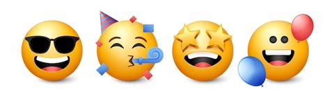 Party emoji face collection funny round yellow emoticon | Premium Vector