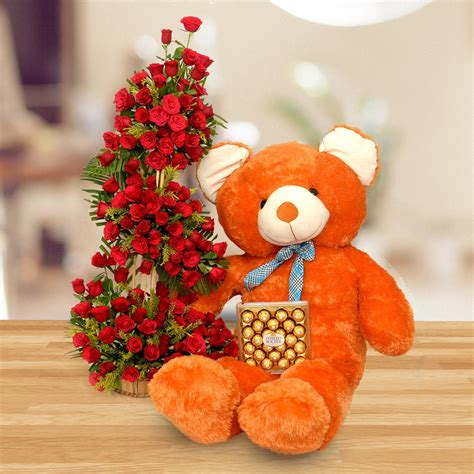 Rose Basket, Teddy & Chocolate, Free Delivery - YuvaFlowers