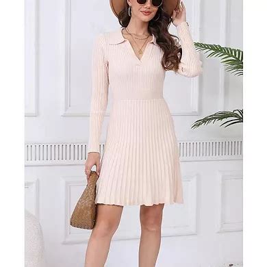 Women's Long Sleeve Mini Sweater Dress V Neck Ribbed Knit A Line ...