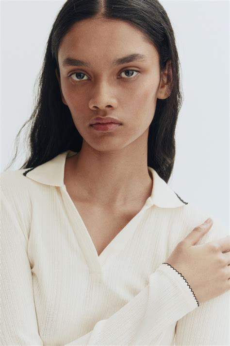 Collared rib-knit top - White - Ladies | H&M IN