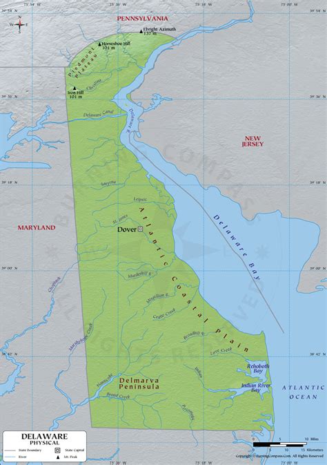 Delaware Physical Map showing Geographical / Physical Features with ...
