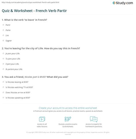 Quiz & Worksheet - French Verb Partir | Study.com