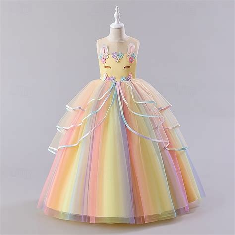 Kids Girls' Dress Color Block Rainbow Sleeveless Party Sweet Polyester ...