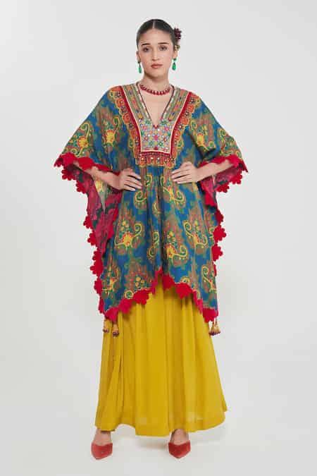 Buy Blue Kaftan Habutai Silk Printed Paisley Plunge V Neck Floral And ...