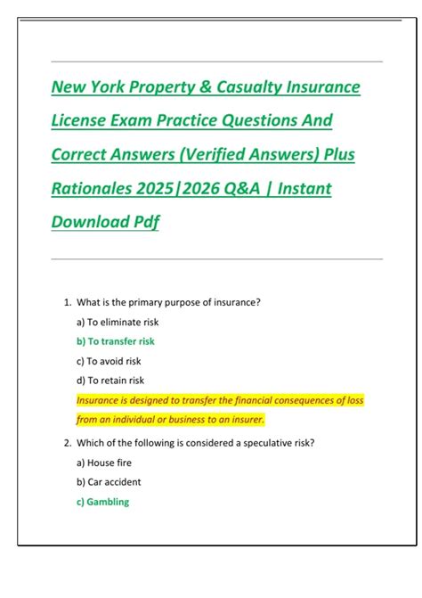 New York Property & Casualty Insurance License Exam Practice Questions And Correct Answers ...