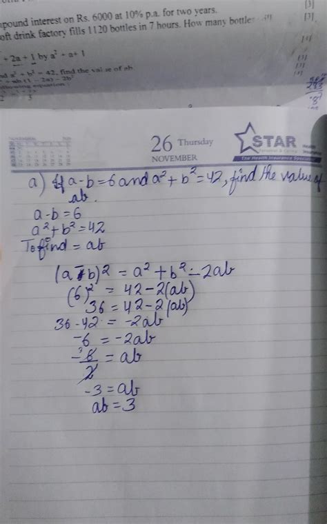 if a-b=6 and a^2+b^2=42 find the value of ab - Brainly.in