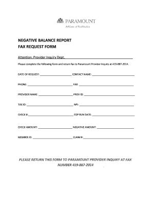 Paramount Negative Balance Report Fax Inquiry Form 2017-2026 - Fill and ...