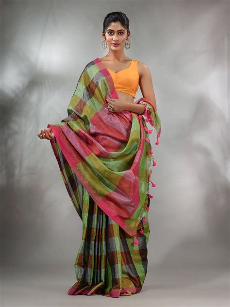Green And Magenta Tissue Colorblocked Handwoven Soft Saree – Charukriti