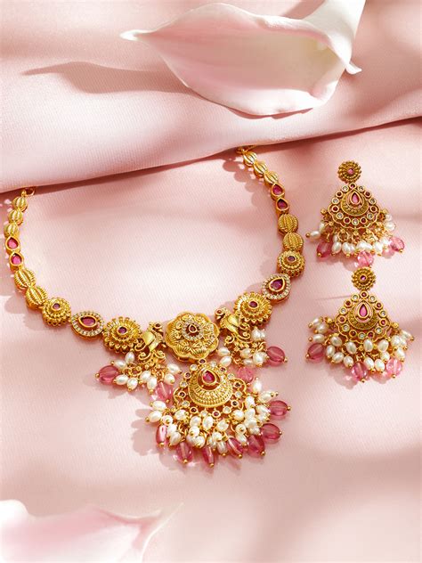 Floral Motif White & Red Beaded Gold Necklace Set – Rubans