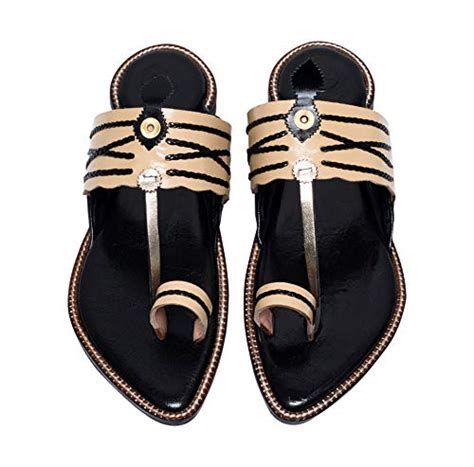 Buy KARVEERA Men's Leather Black & Cream Plain Kolhapuri Fashion Sandal ...