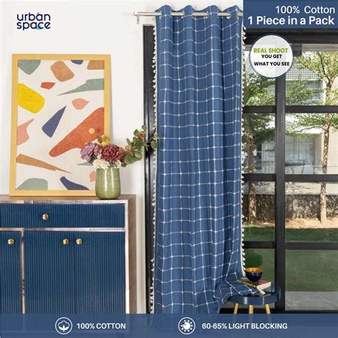 Indigo Checks Embroidery Boho Cotton Curtain for Living Room | Urban ...