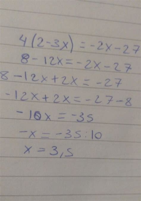 4(2-3x)=-2x-27 ya saben doy coronita - Brainly.lat