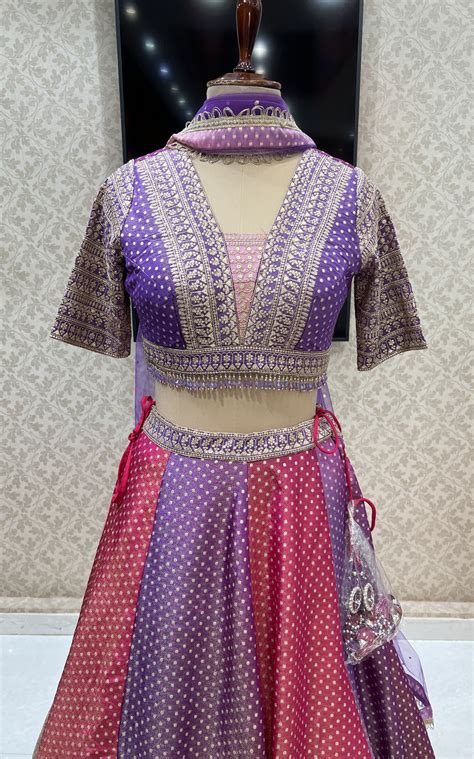 Purple with Magenta Banaras, Sequins and Zari work Crop Top Lehenga ...