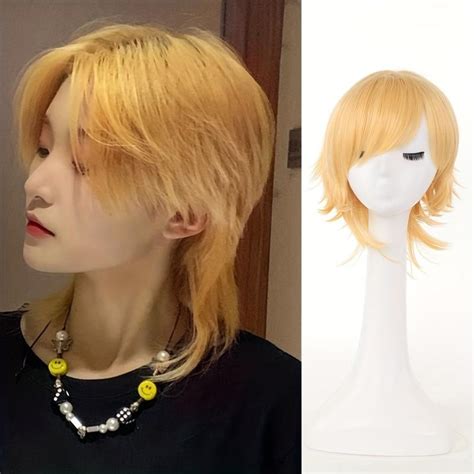 Short Straight Cosplay Wigs With Bangs 12inch Red Yellow Synthetic Wigs ...