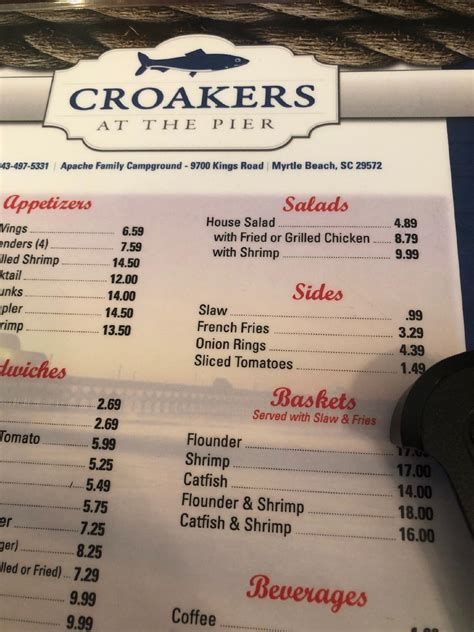 Menu at Groupers At The Pier restaurant, Myrtle Beach