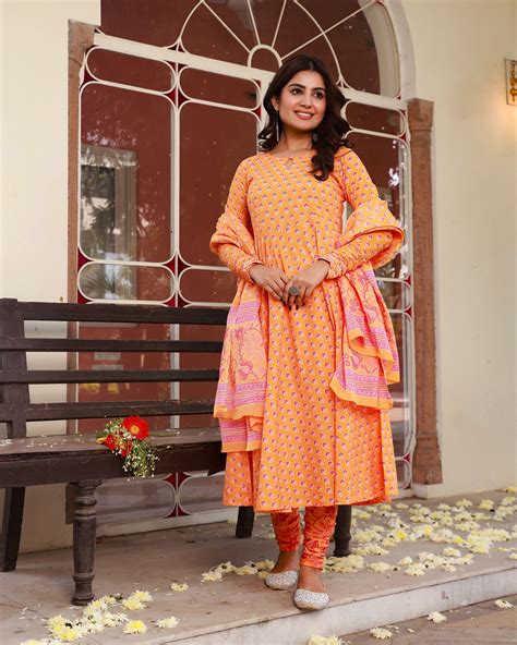 Omani Orange Cotton Anarkali Suit Set