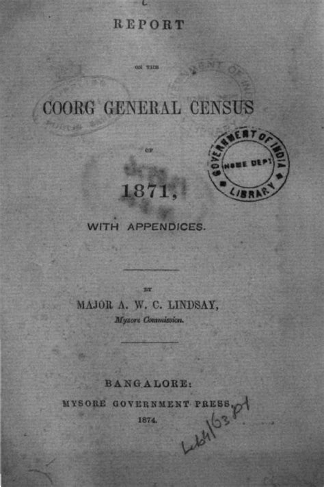 India - Report of the Coorg General Census, Mysore - Census 1871