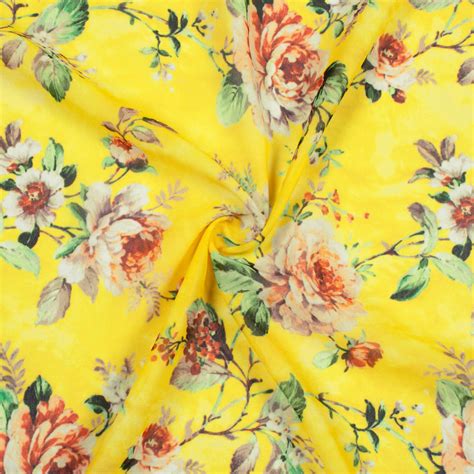 Bright Yellow And Green Floral Pattern Digital Print Georgette Fabric ...