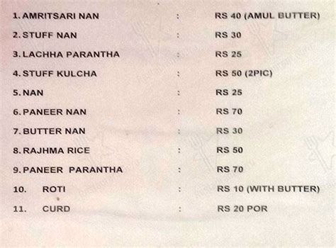 Menu at Amritsari Di Hatti, Jammu