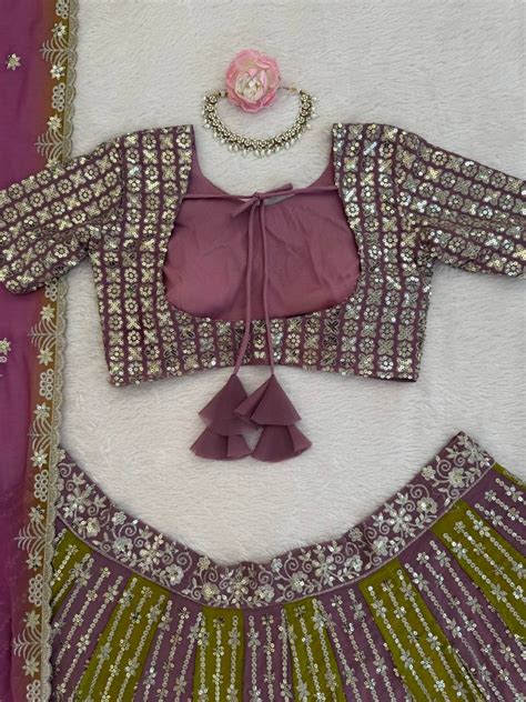 Dual-Shade Faux Georgette Thread & Sequin Work Lehenga C