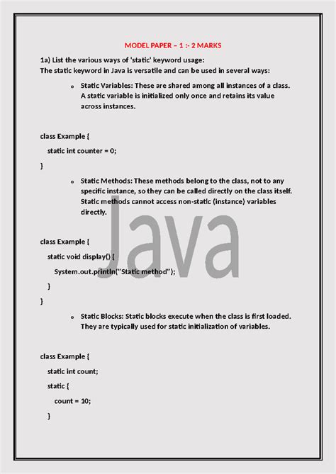 JAVA MP-1 and 2 Answers - java - MODEL PAPER – 1 :- 2 MARKS 1a) List ...