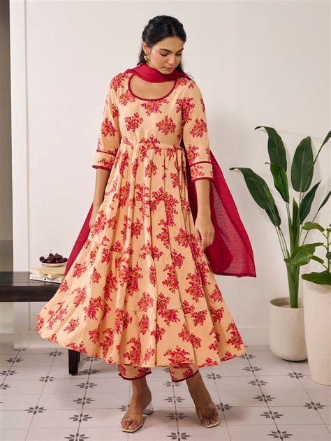 Buy Women's Cotton Anarkali Kurta With Trouser And Dupatta Online in ...