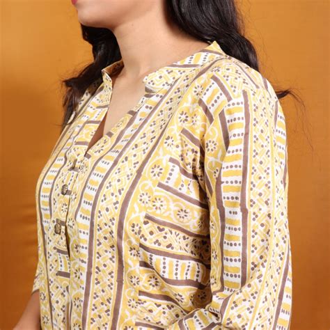 Sanskriti - Yellow Brown Stri ped Block Print Kurta – thesaffronsaga