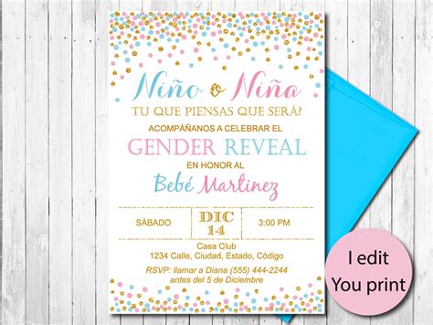 Editable Gender Reveal Invitation, Spanish, Blue or Pink, Boy or Girl ...
