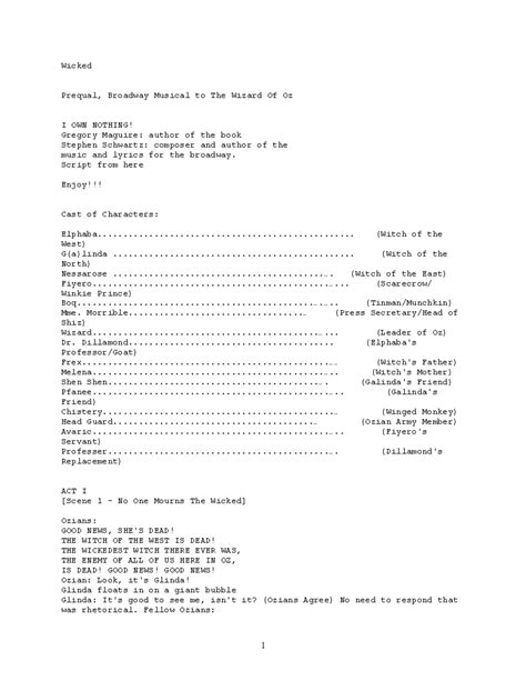 Wicked - Broadway Musical 11(Oz) Full Play Script - Wicked Prequal ...