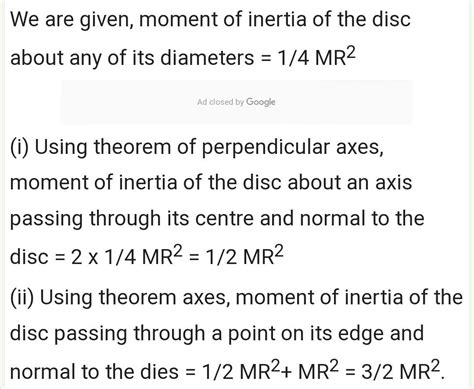 moment of inertia of a disc of mass m and radious r about any of its ...